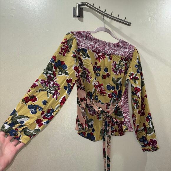 Anthropologie Floral Patchwork Top- Meadow Rue Long Sleeve Wrap Blouse- Size 0 - Picture 6 of 14